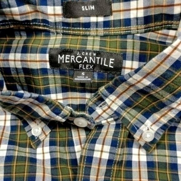 JCREW mens navy green white brown SLIM FLEX plaid button S EUC - Picture 3 of 3